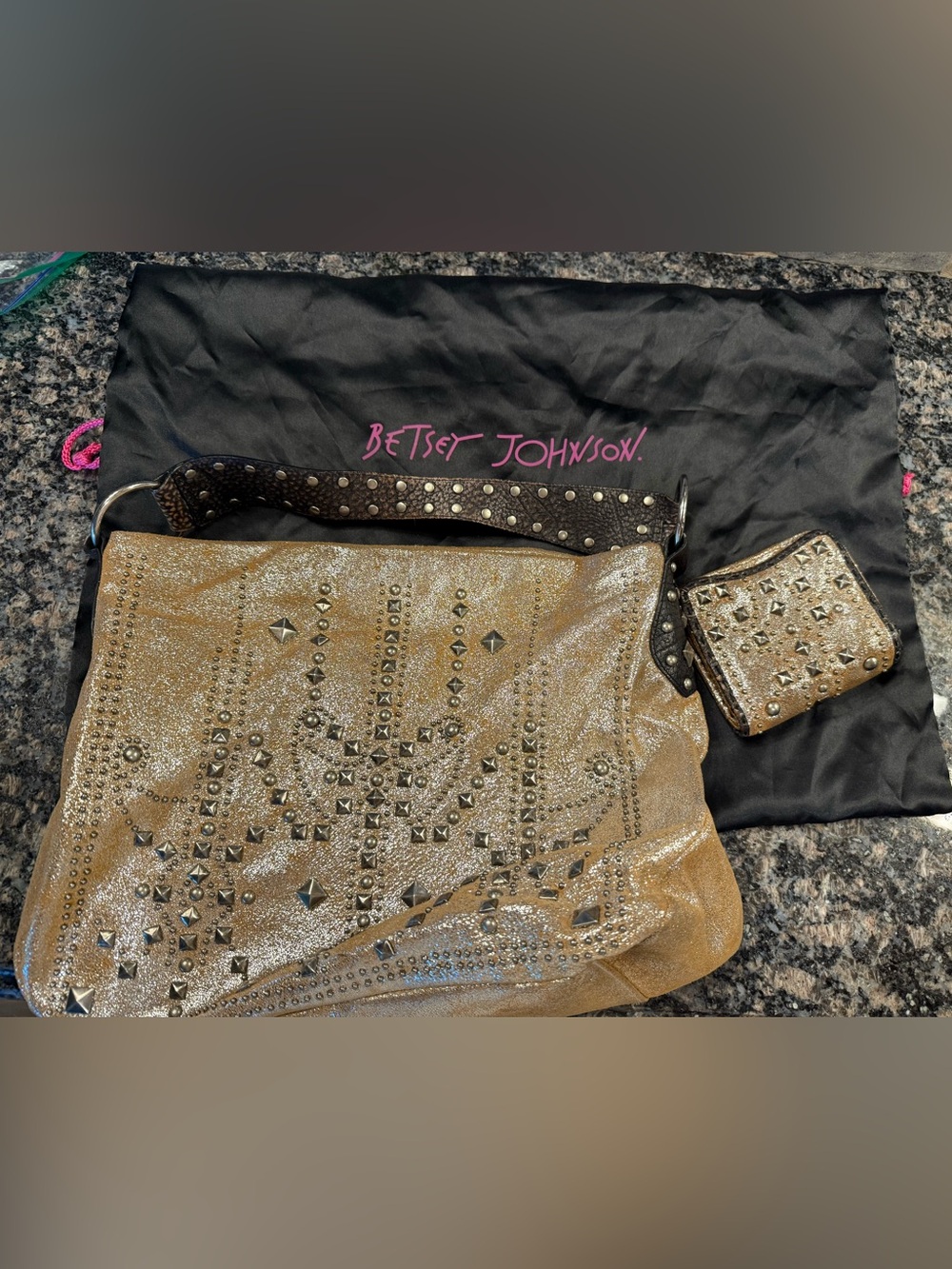 Betsey Johnson Metallic Gold Studded Shoulder Bag with matching wallet